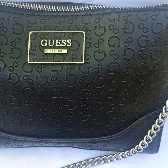GUESS Black Monogram Shoulder/Crossbody Bag Silver Chain Detail EUC - Picture 3 of 5